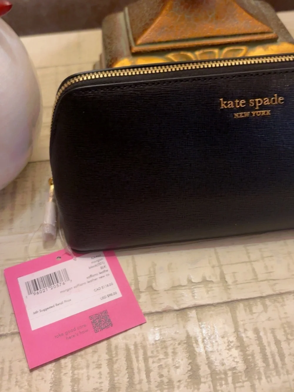 NWT ~ Kate Spade Black Leather Zip Clutch/Cosmetic Bag with Gold Logo